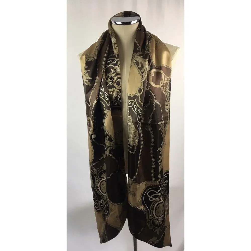 Size 1X Dennis by Dennis‎ Basso Scarf Brown Gold Classic Chain Print Satin